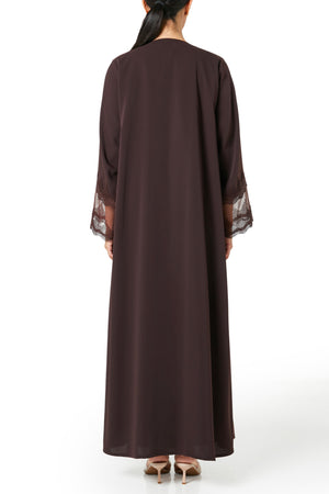 Brown Isra Crepe Abaya, Lace Detail