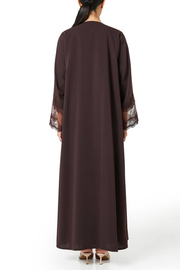 Brown Isra Crepe Abaya, Lace Detail