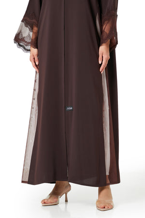 Brown Isra Crepe Abaya, Lace Detail