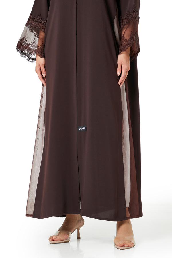 Brown Isra Crepe Abaya, Lace Detail