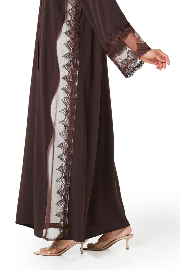 Brown Isra Crepe Abaya, Lace Detail