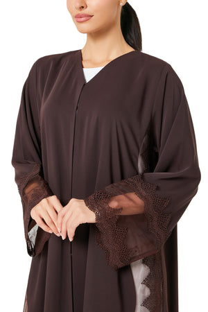 Brown Isra Crepe Abaya, Lace Detail