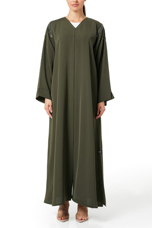 Green Aria Crepe Abaya, Front Beadwork