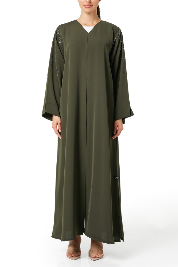 Green Aria Crepe Abaya, Front Beadwork