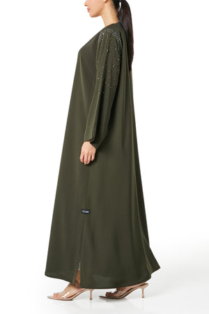 Green Aria Crepe Abaya, Front Beadwork
