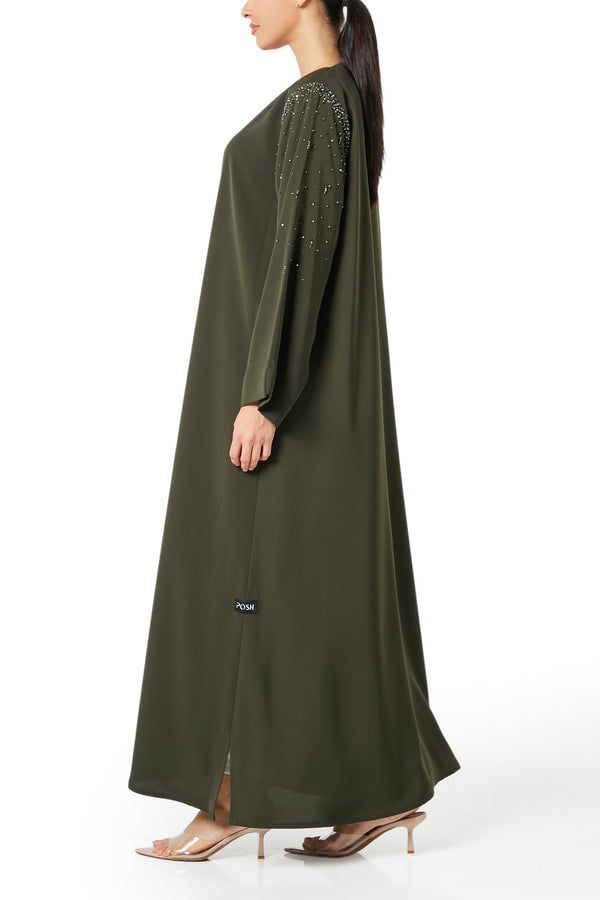 Green Aria Crepe Abaya, Front Beadwork