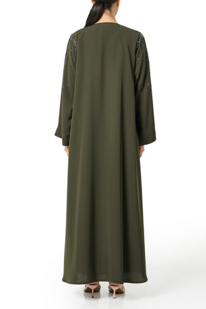 Green Aria Crepe Abaya, Front Beadwork