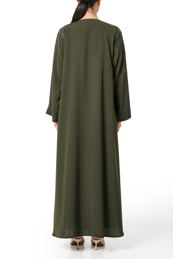 Green Aria Crepe Abaya, Front Beadwork