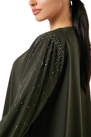 Green Aria Crepe Abaya, Front Beadwork