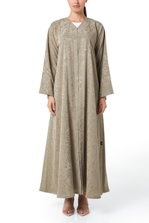Beige flavia jacquard Abaya, Front Beadwork Detail