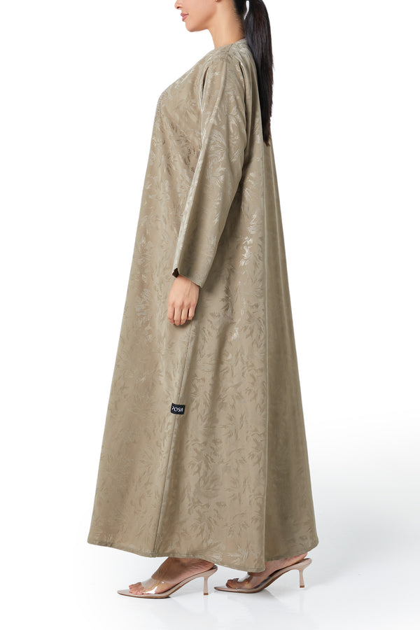 Beige flavia jacquard Abaya, Front Beadwork Detail