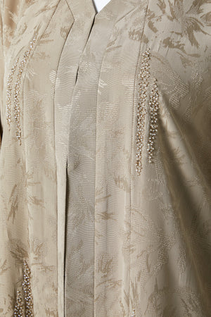 Beige flavia jacquard Abaya, Front Beadwork Detail