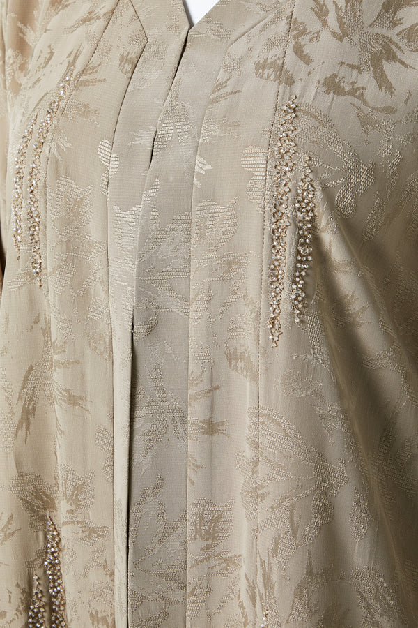 Beige flavia jacquard Abaya, Front Beadwork Detail