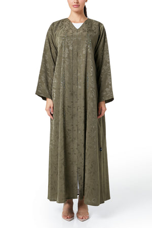 Green flavia jacquard Abaya, Front Beadwork Detail