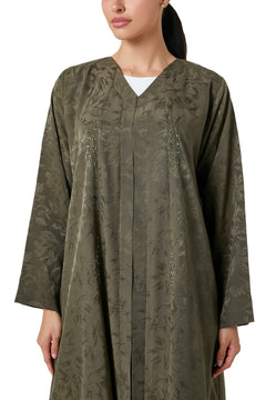 Green flavia jacquard Abaya, Front Beadwork Detail