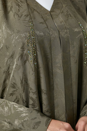 Green flavia jacquard Abaya, Front Beadwork Detail