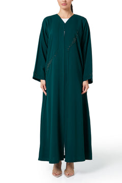 Green Atlas Crepe Abaya, Front Beadwork