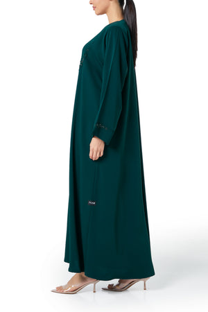 Green Atlas Crepe Abaya, Front Beadwork