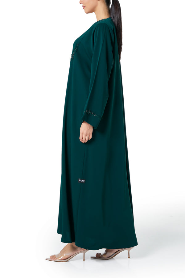 Green Atlas Crepe Abaya, Front Beadwork