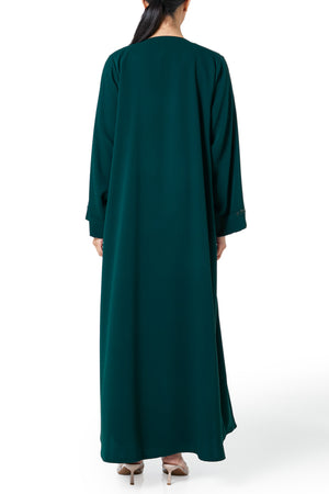 Green Atlas Crepe Abaya, Front Beadwork