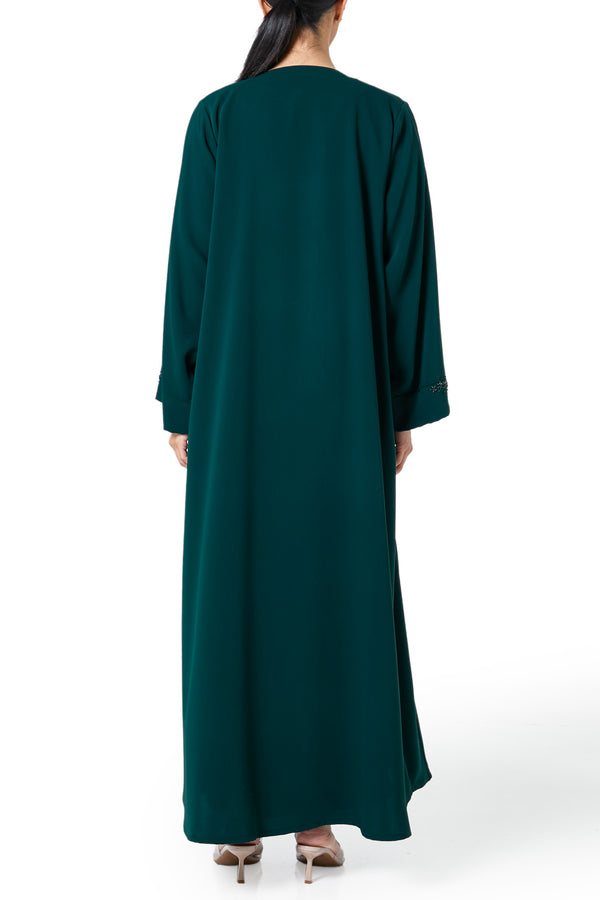 Green Atlas Crepe Abaya, Front Beadwork