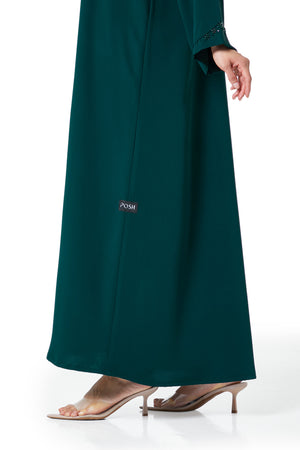 Green Atlas Crepe Abaya, Front Beadwork