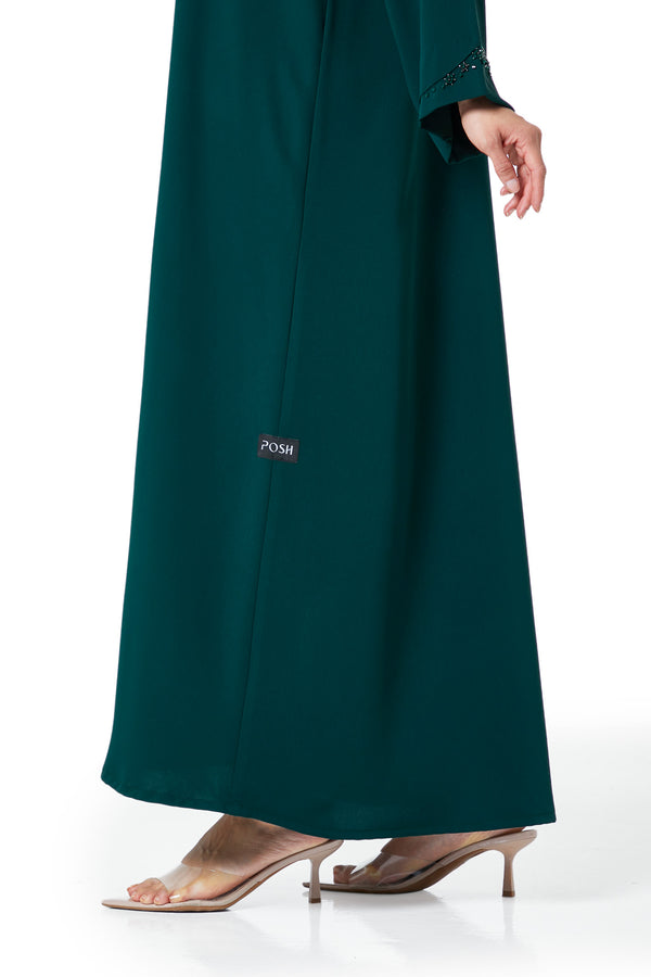 Green Atlas Crepe Abaya, Front Beadwork