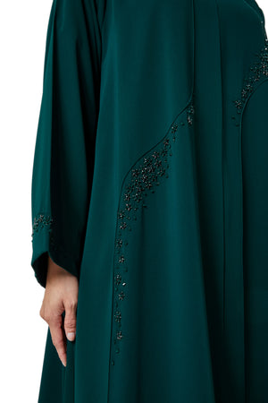 Green Atlas Crepe Abaya, Front Beadwork