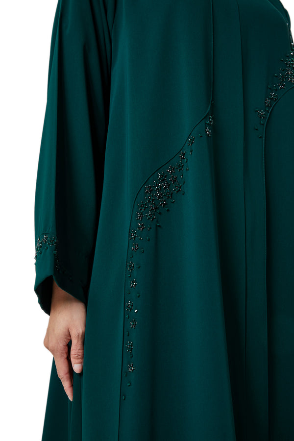 Green Atlas Crepe Abaya, Front Beadwork