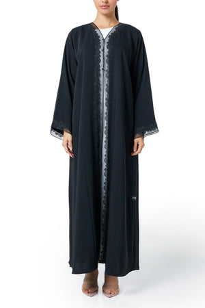 Black Atlas Crepe Abaya, Lace Detail