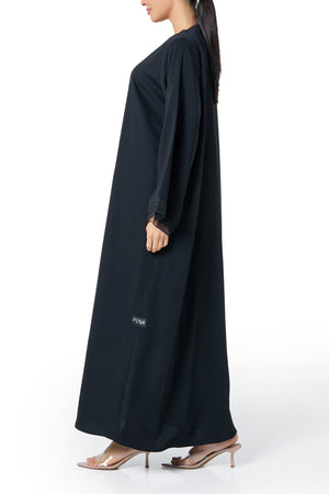 Black Atlas Crepe Abaya, Lace Detail