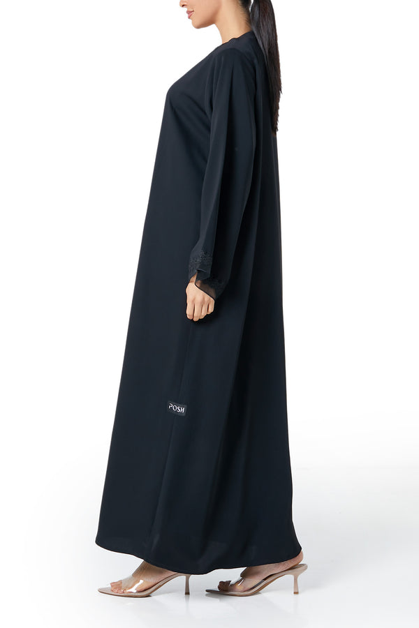 Black Atlas Crepe Abaya, Lace Detail