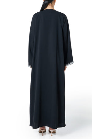 Black Atlas Crepe Abaya, Lace Detail