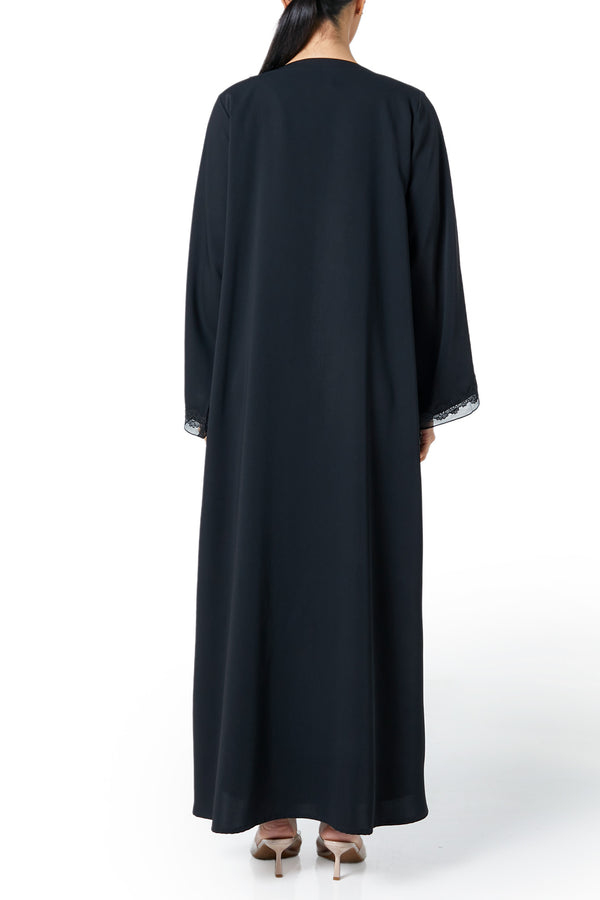 Black Atlas Crepe Abaya, Lace Detail
