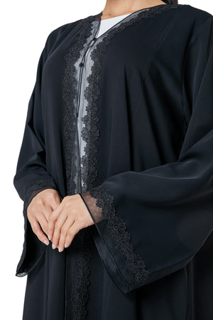 Black Atlas Crepe Abaya, Lace Detail