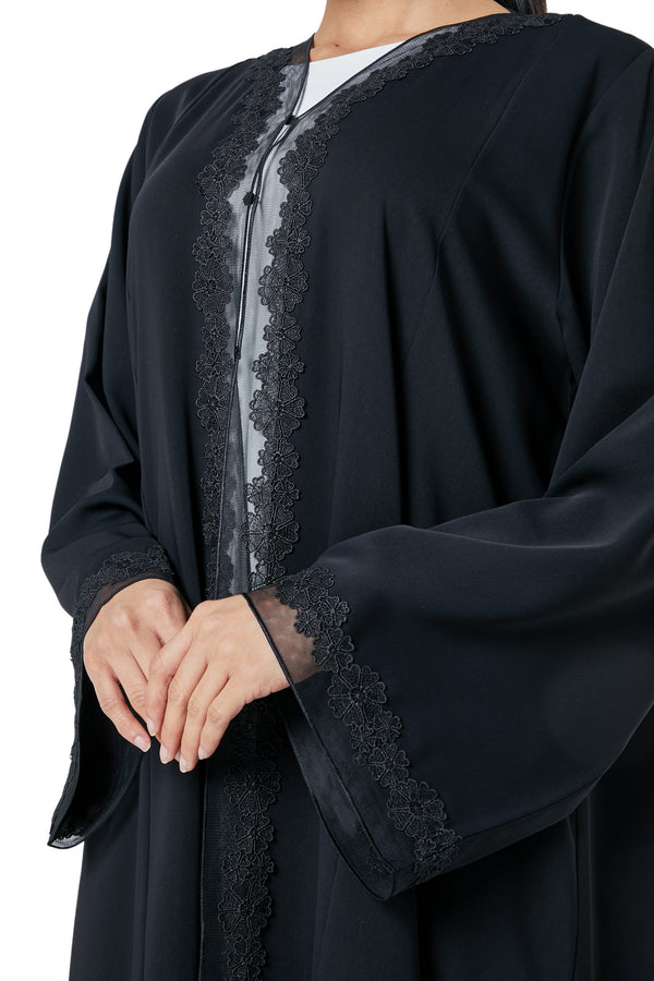 Black Atlas Crepe Abaya, Lace Detail