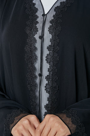 Black Atlas Crepe Abaya, Lace Detail