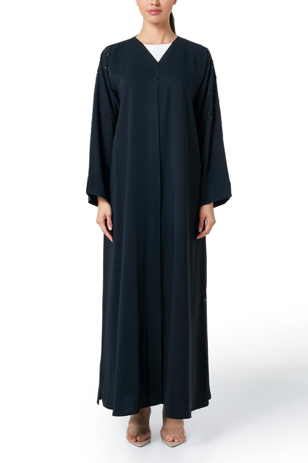 Black Layan Crepe Abaya, Front Beadwork