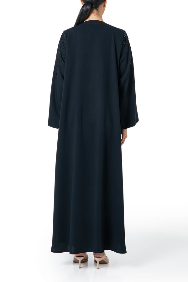 Black Layan Crepe Custom Abaya, Front Beadwork