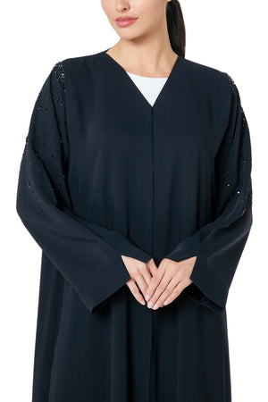 Black Layan Crepe Abaya, Front Beadwork