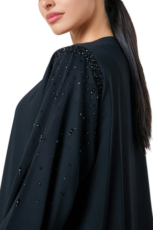 Black Layan Crepe Abaya, Front Beadwork