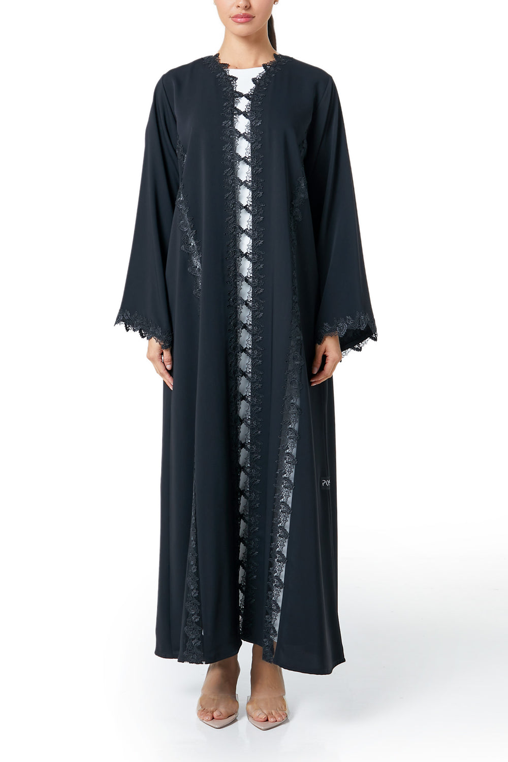 Black Atlas Crepe Abaya, Lace Detail