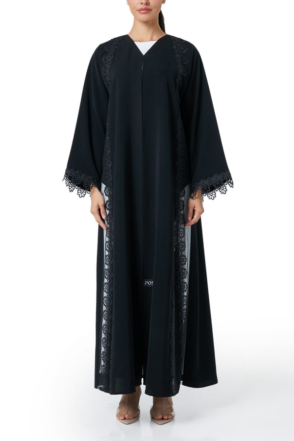 Black Reya Crepe Abaya, Lace Detail