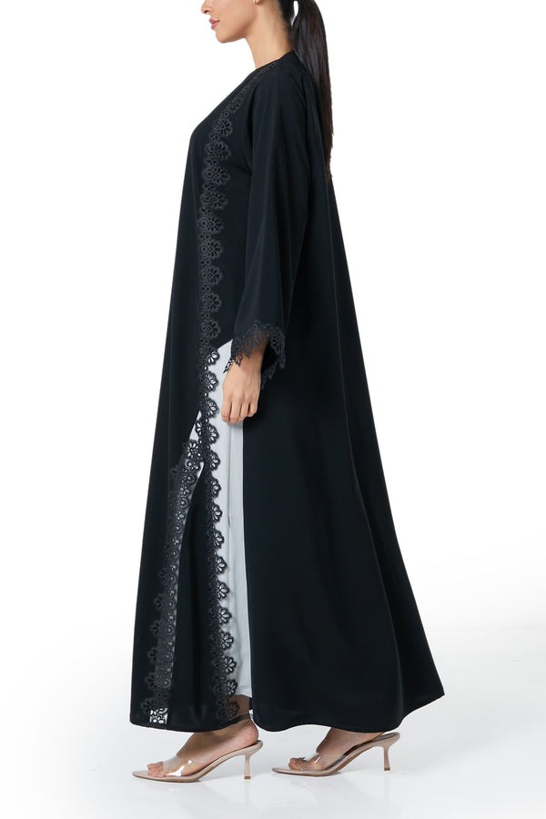 Black Reya Crepe Abaya, Lace Detail