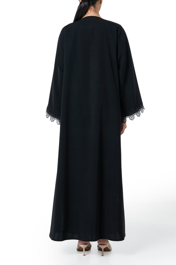 Black Reya Crepe Abaya, Lace Detail