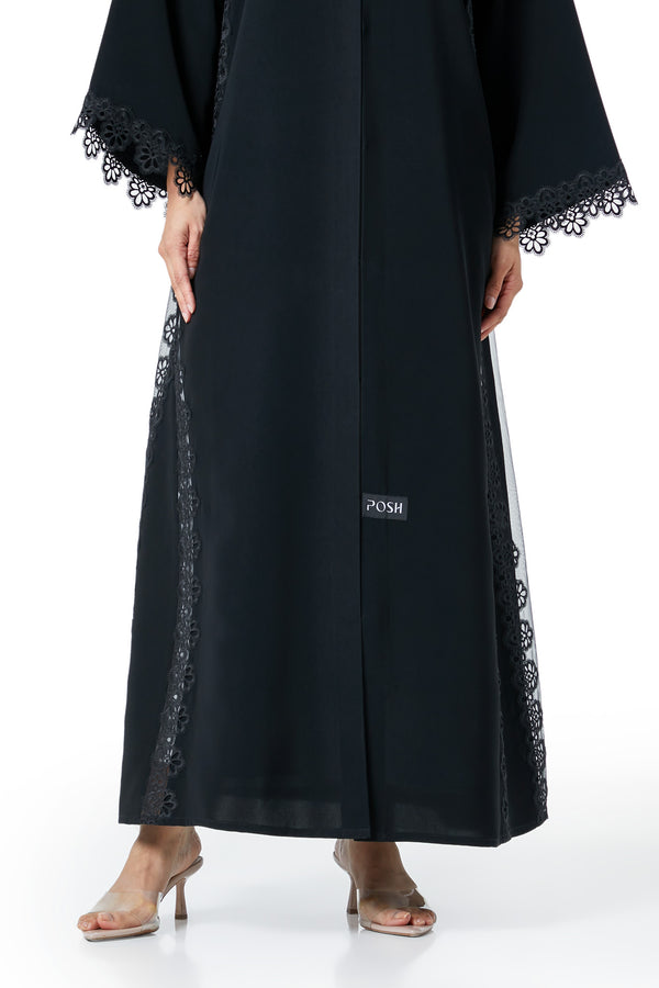 Black Reya Crepe Abaya, Lace Detail