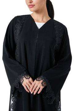 Black Reya Crepe Abaya, Lace Detail