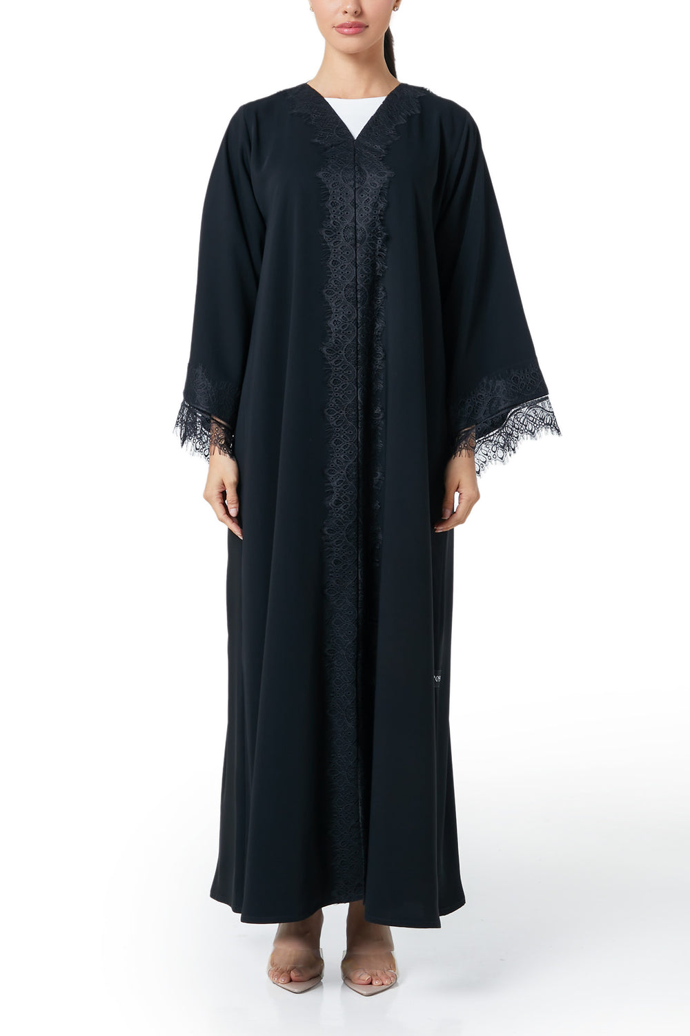 Black Layan Crepe Abaya, Lace Detail