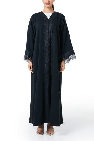 Black Layan Crepe Abaya, Lace Detail