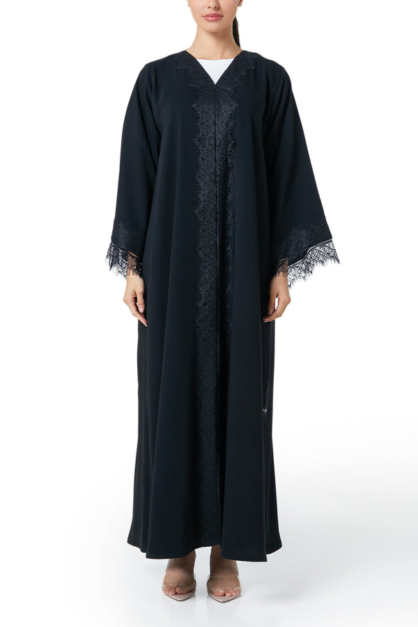 Black Layan Crepe Abaya, Lace Detail